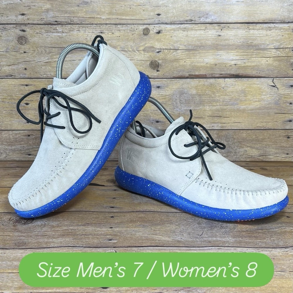World Boots Hemera Taupe Royal Blue Suede Moccasin Sneakers Mens 7 Womens 8 NEW